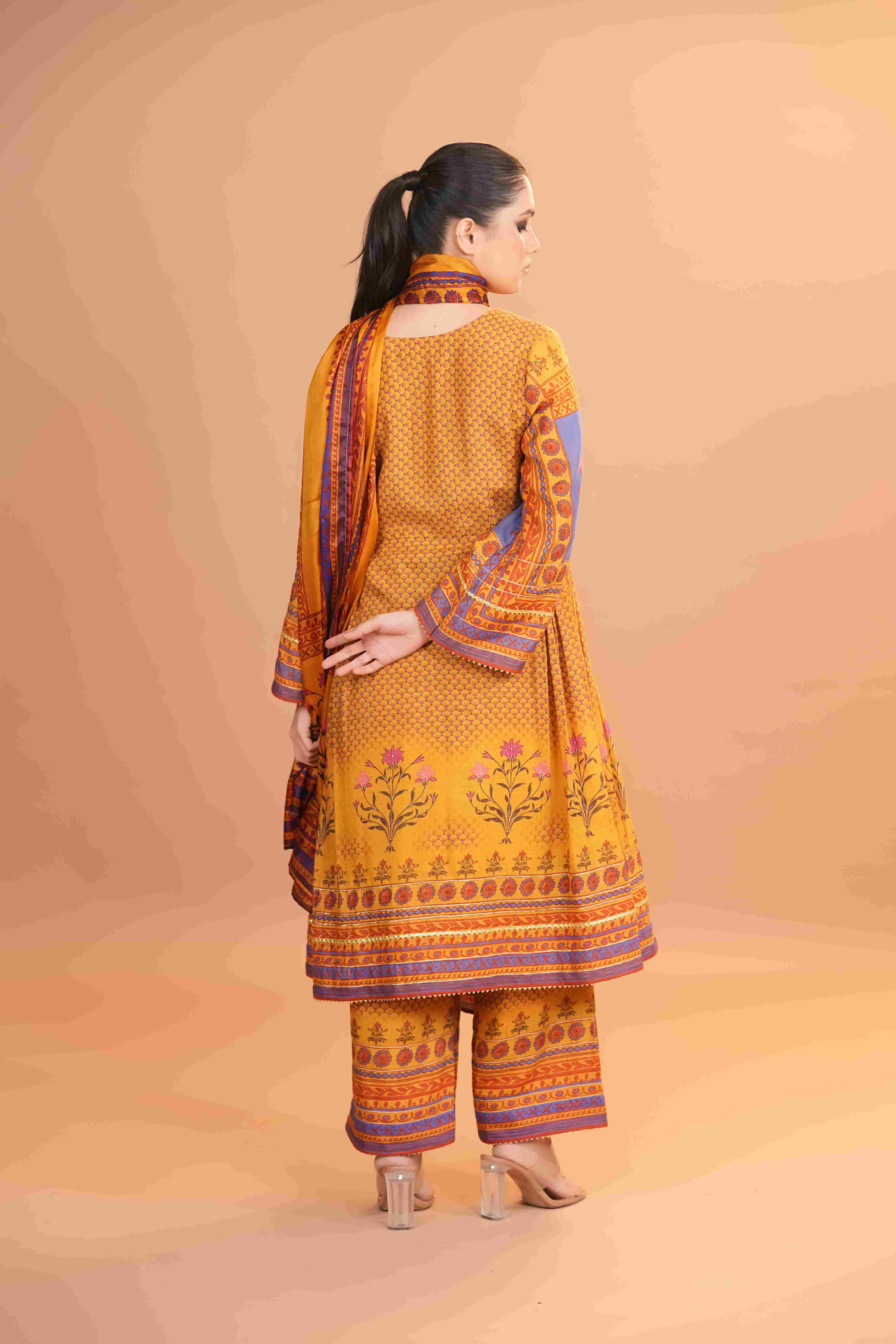 Maheshwari silk Anarkali - Yellow