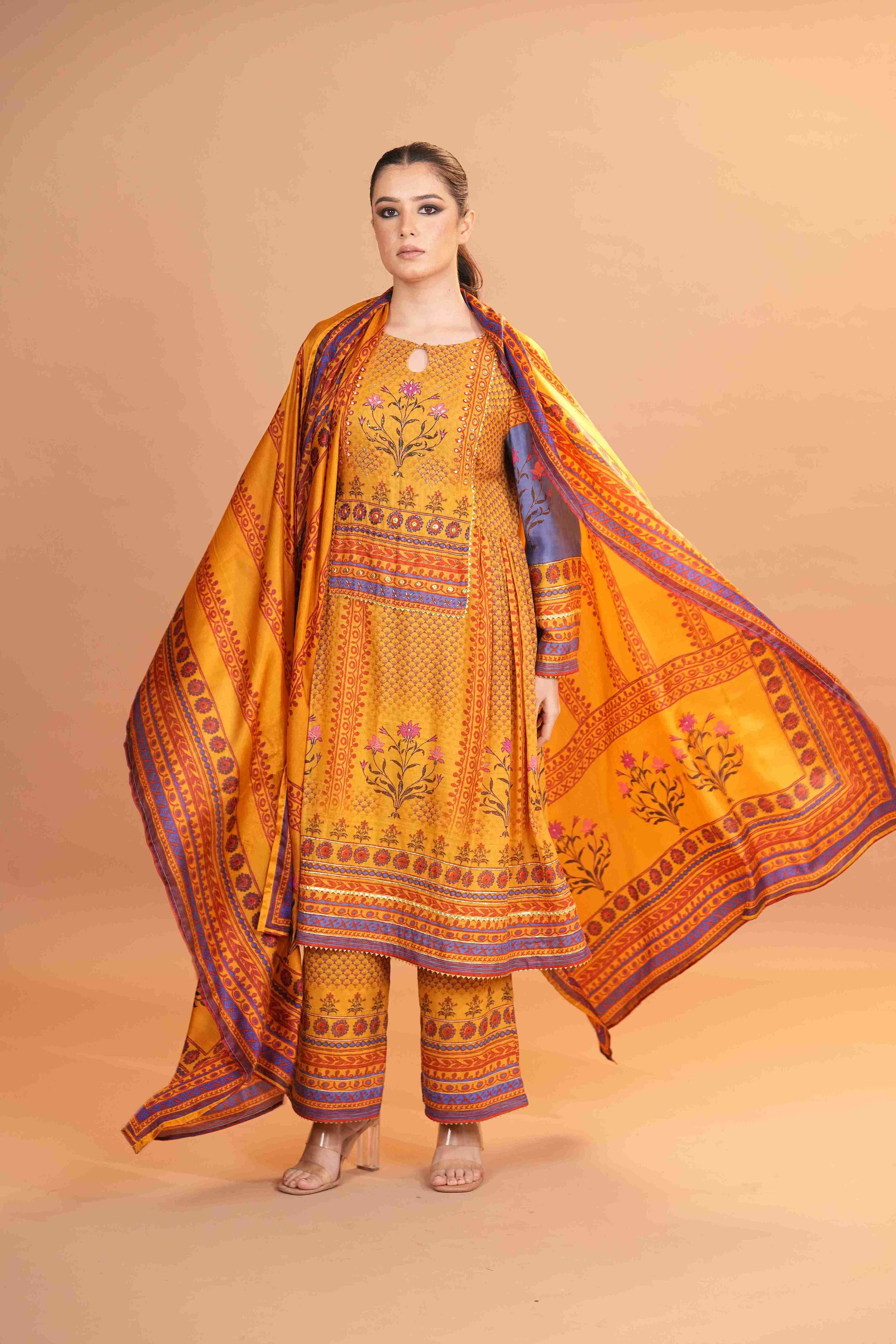Maheshwari silk Anarkali - Yellow