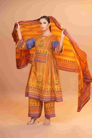 Maheshwari silk Anarkali - Yellow