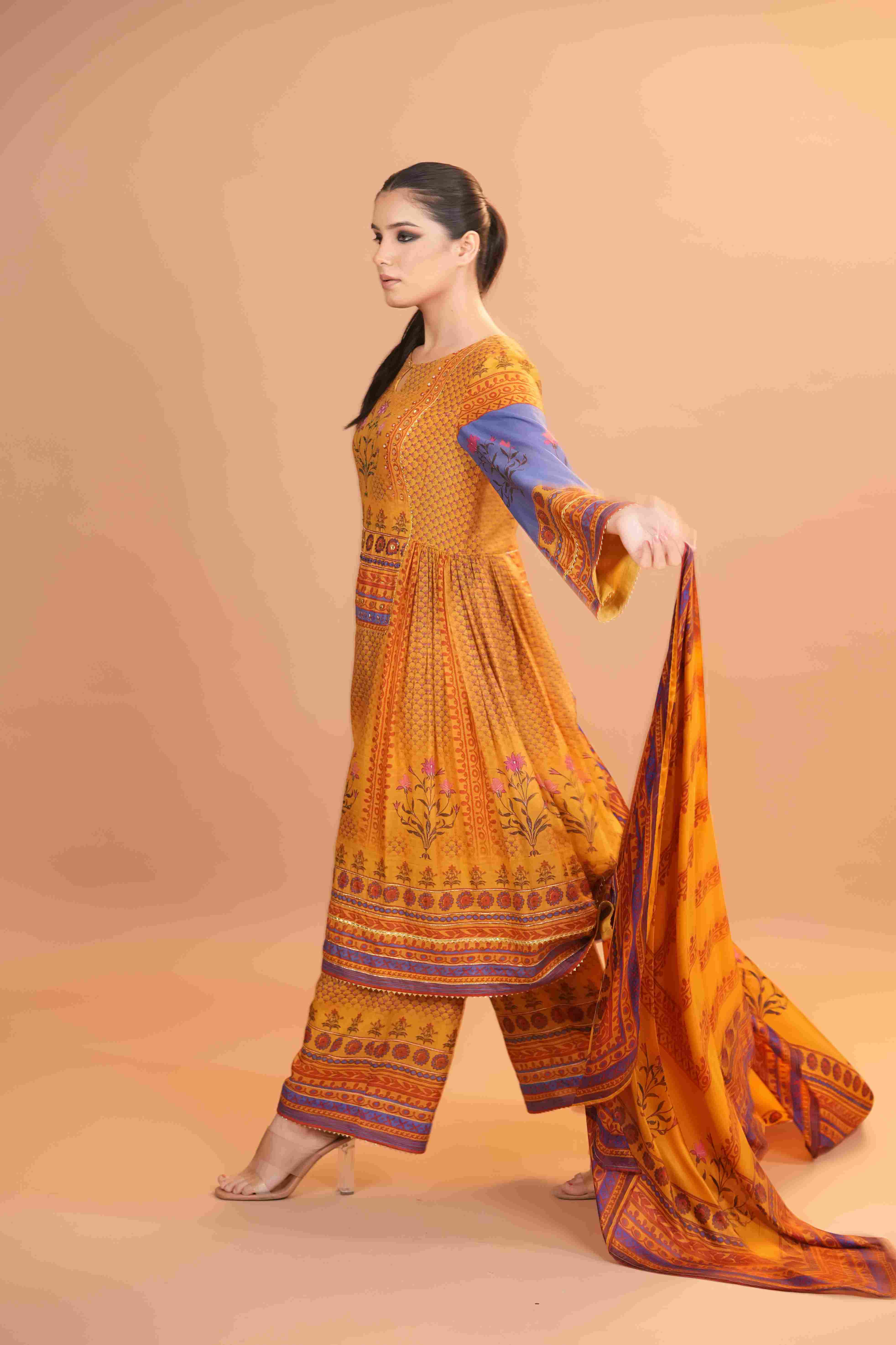 Maheshwari silk Anarkali - Yellow