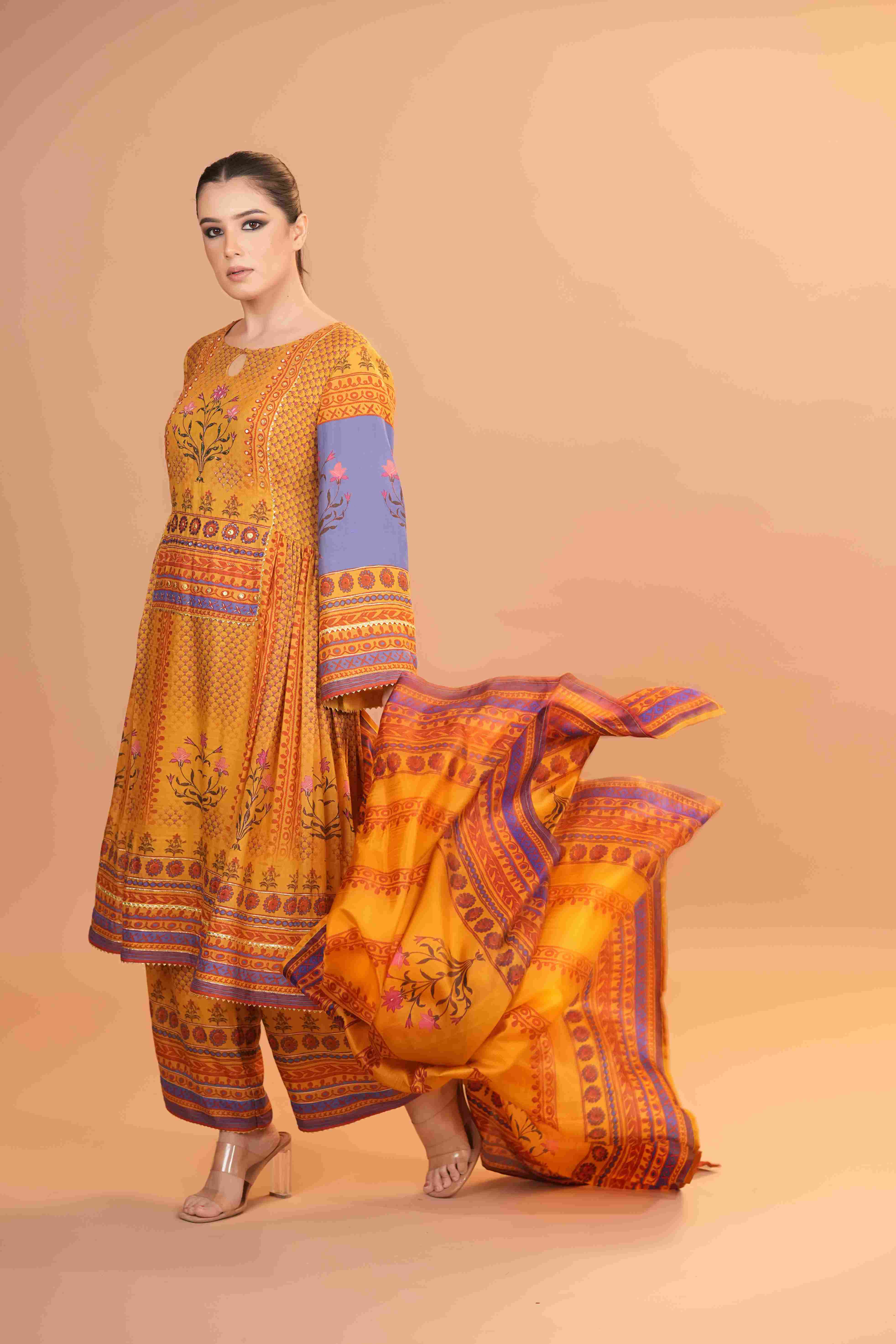 Maheshwari silk Anarkali - Yellow
