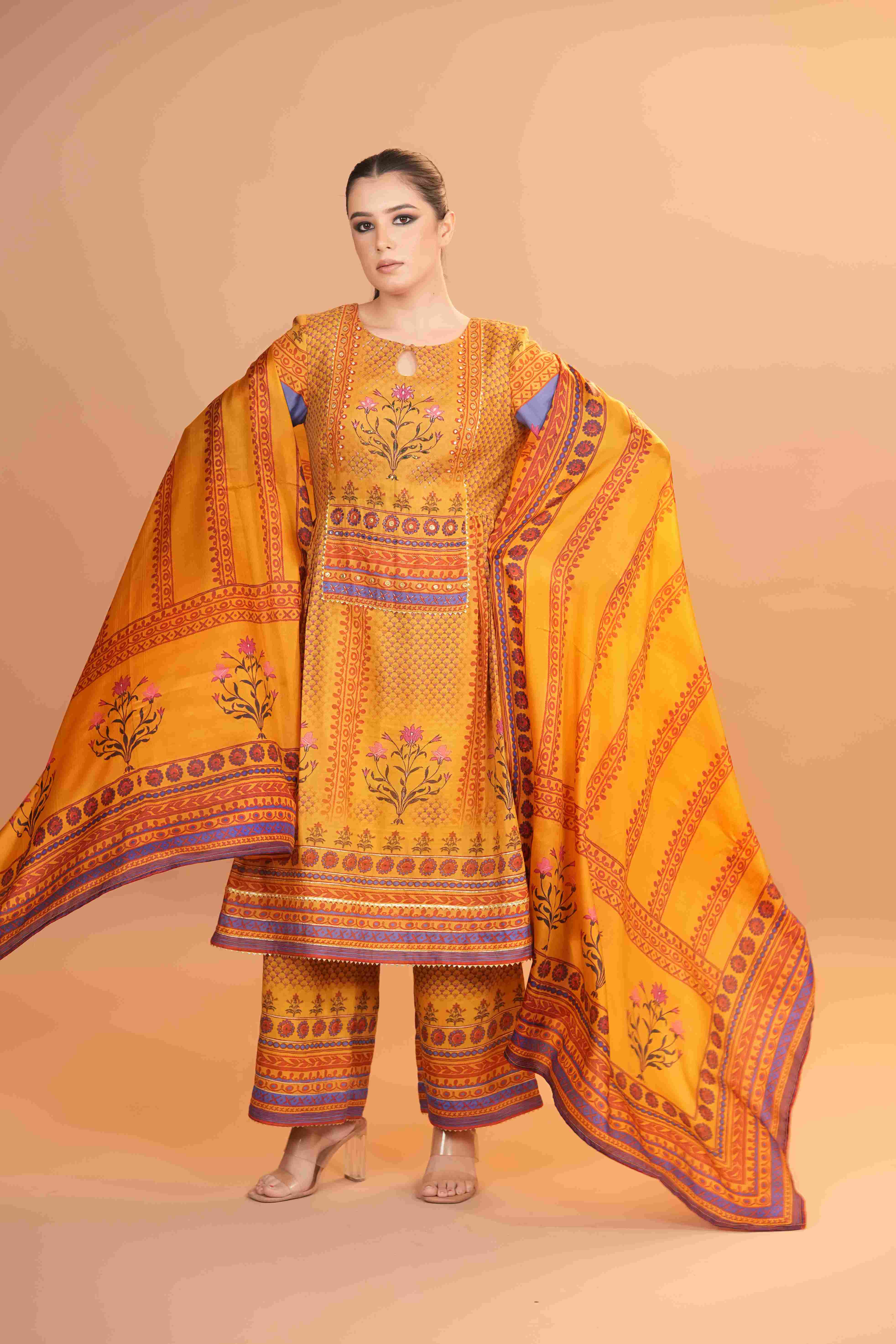 Maheshwari silk Anarkali - Yellow
