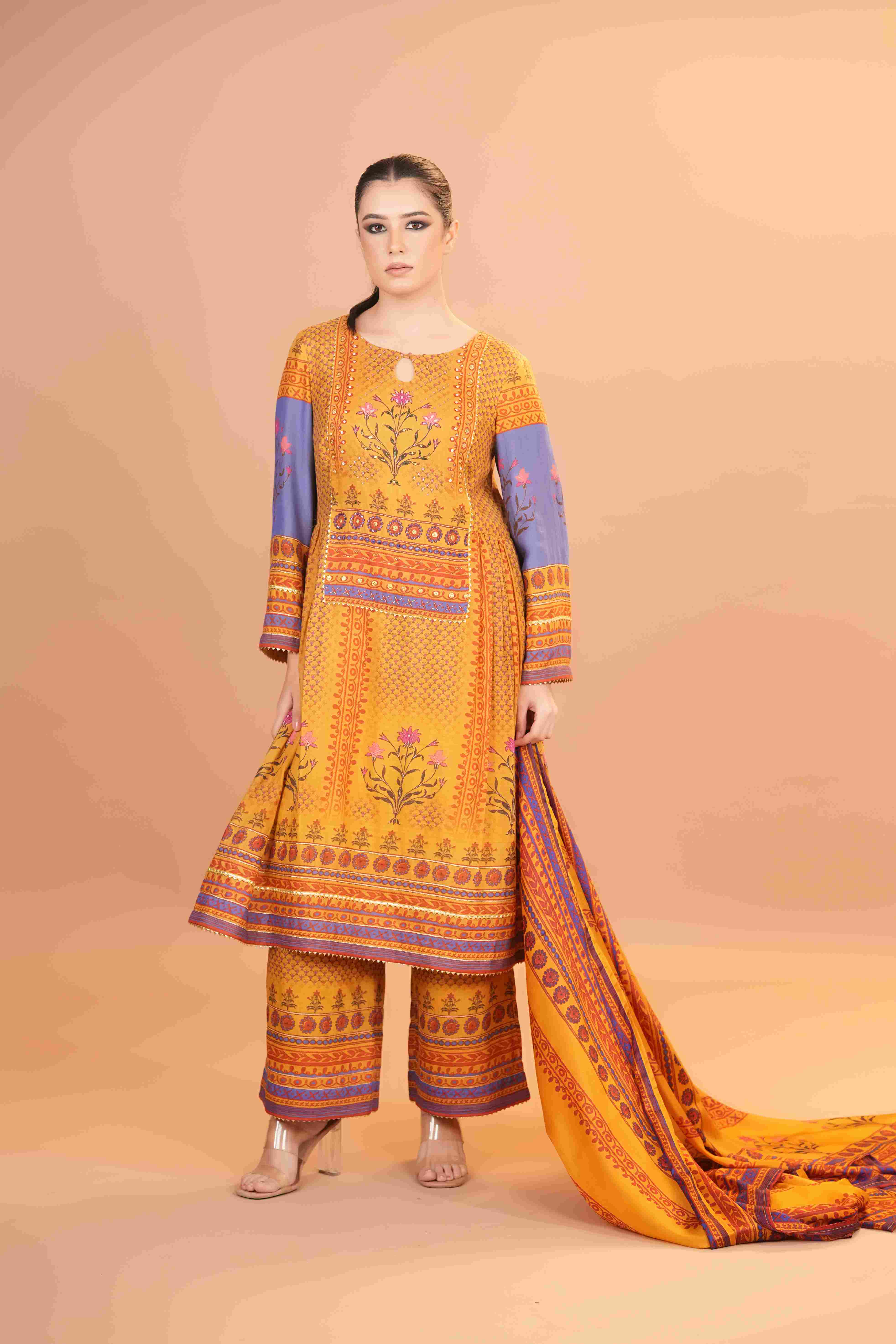 Maheshwari silk Anarkali - Yellow