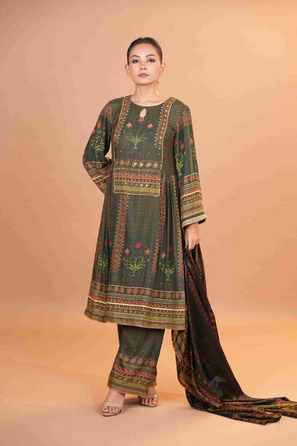 Maheshwari Silk Anarkali - Olive Green