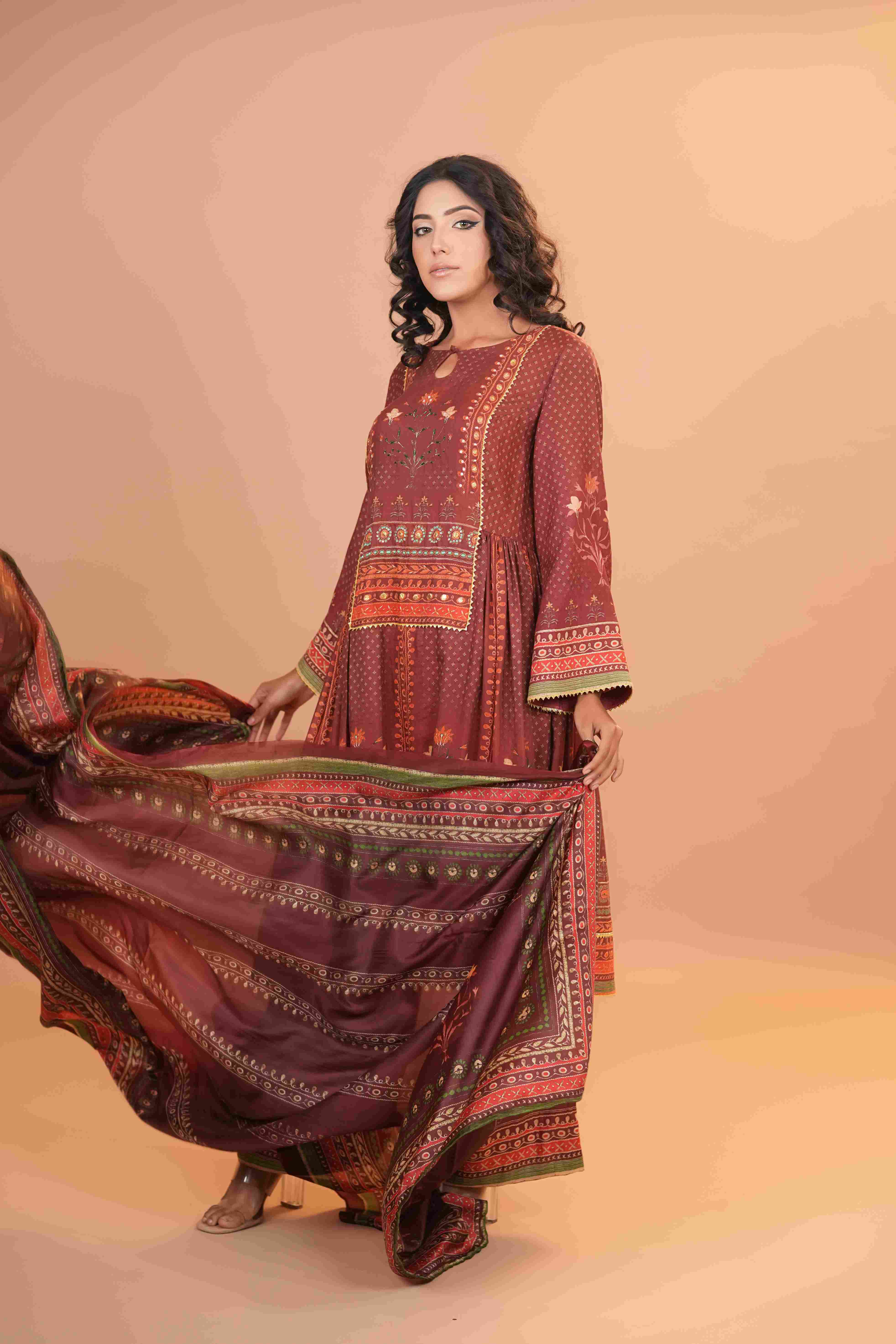 Maheshwari Silk Anarkali - Rose Brown