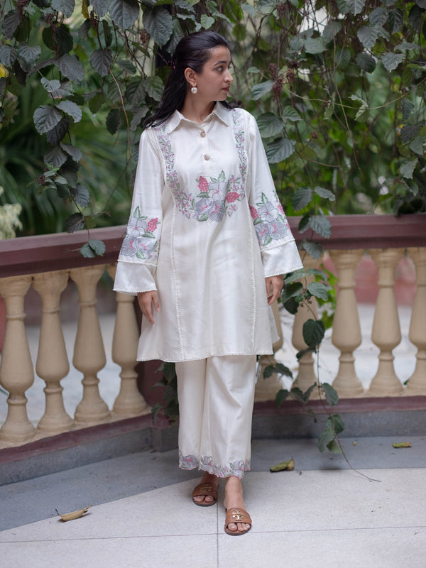 Chanderi Co-ord Set with Floral Embroidery