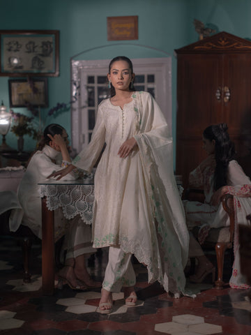 Mal Chanderi Threadwork Suit set : White/Green