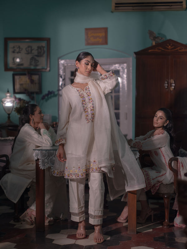 French knots Mal Chanderi Suit set : White