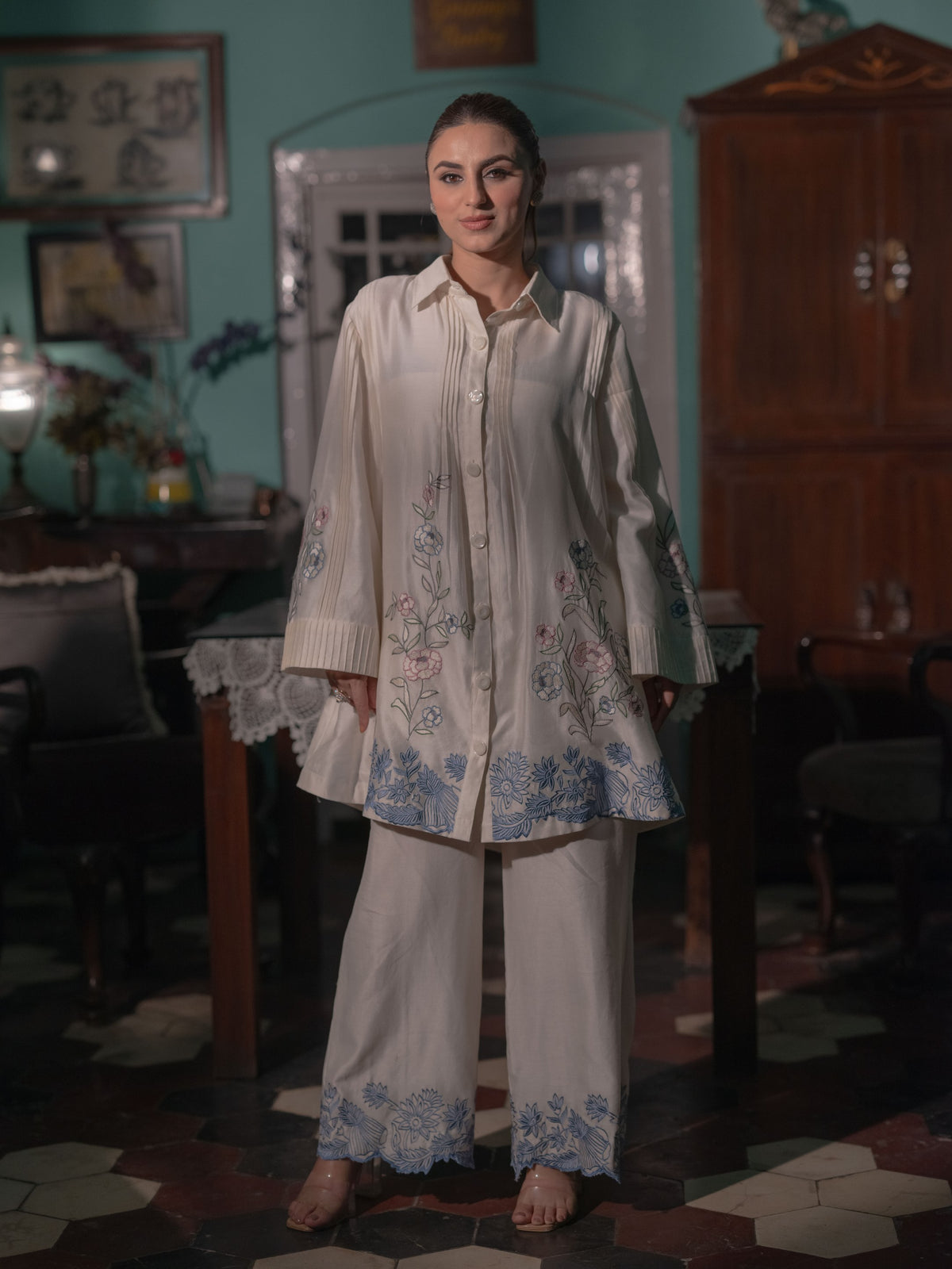 Chanderi Co-ord Set with Floral Embroidery