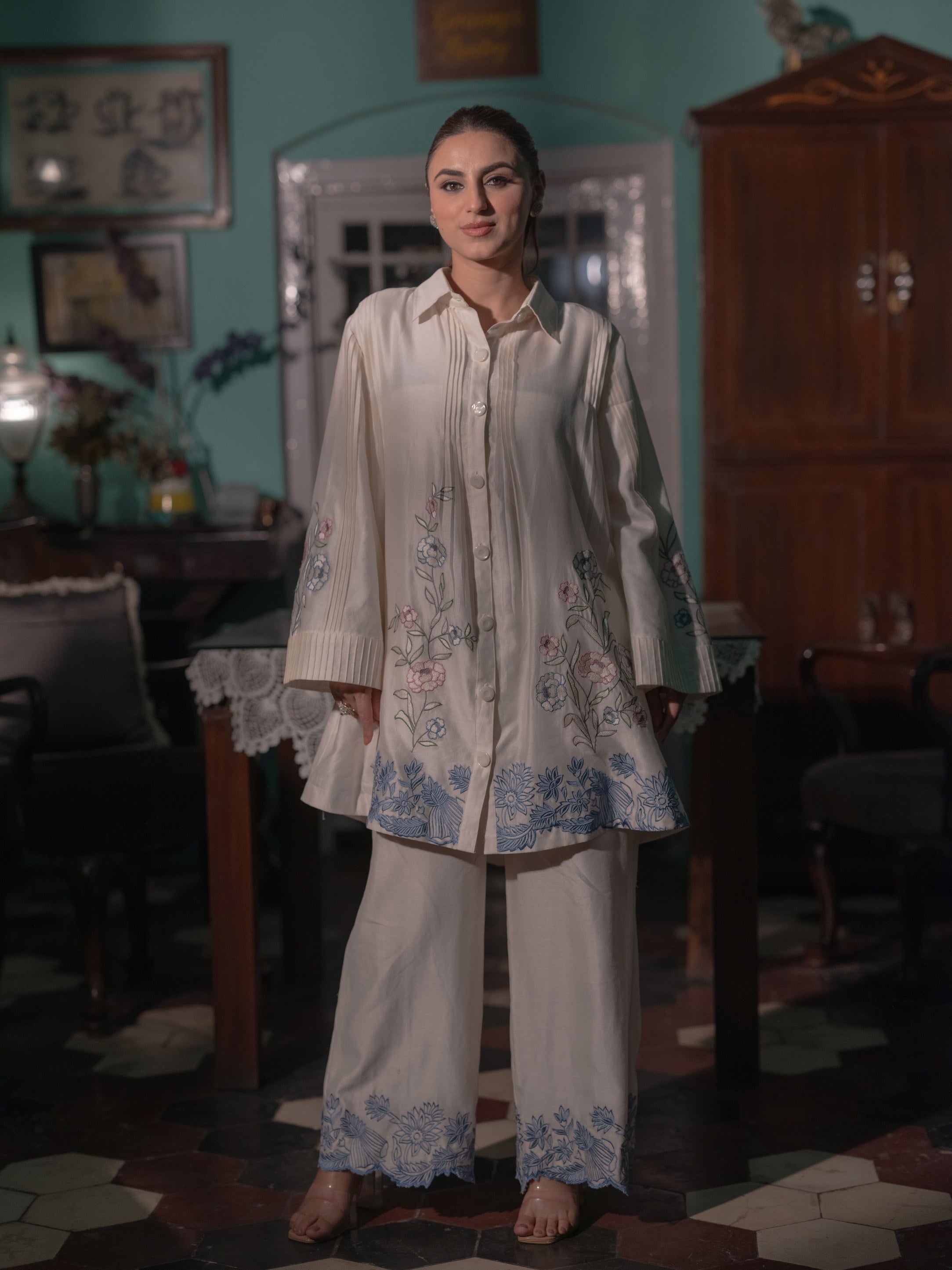 Chanderi Co-ord Set with Floral Embroidery