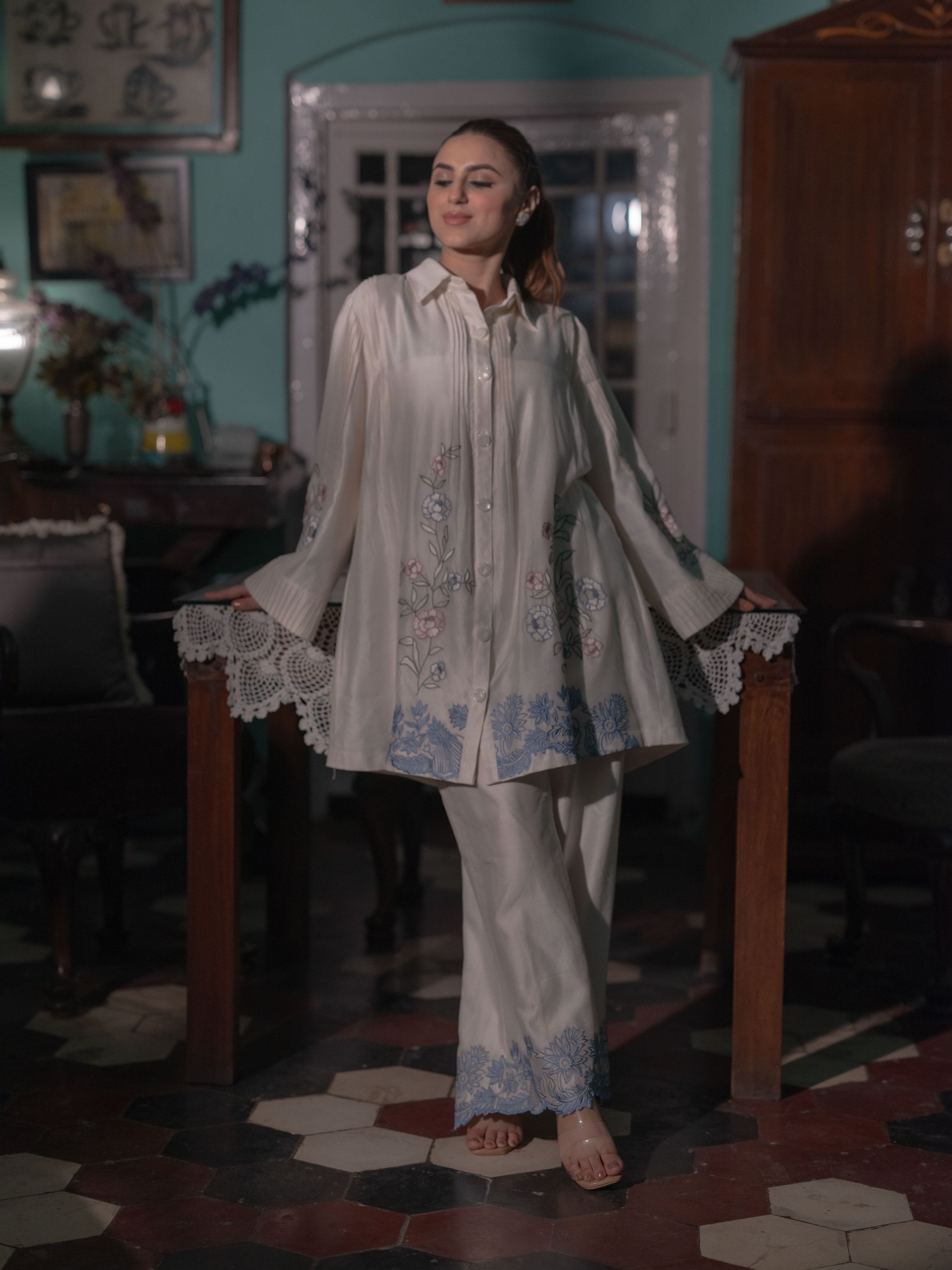 Chanderi Co-ord Set with Floral Embroidery
