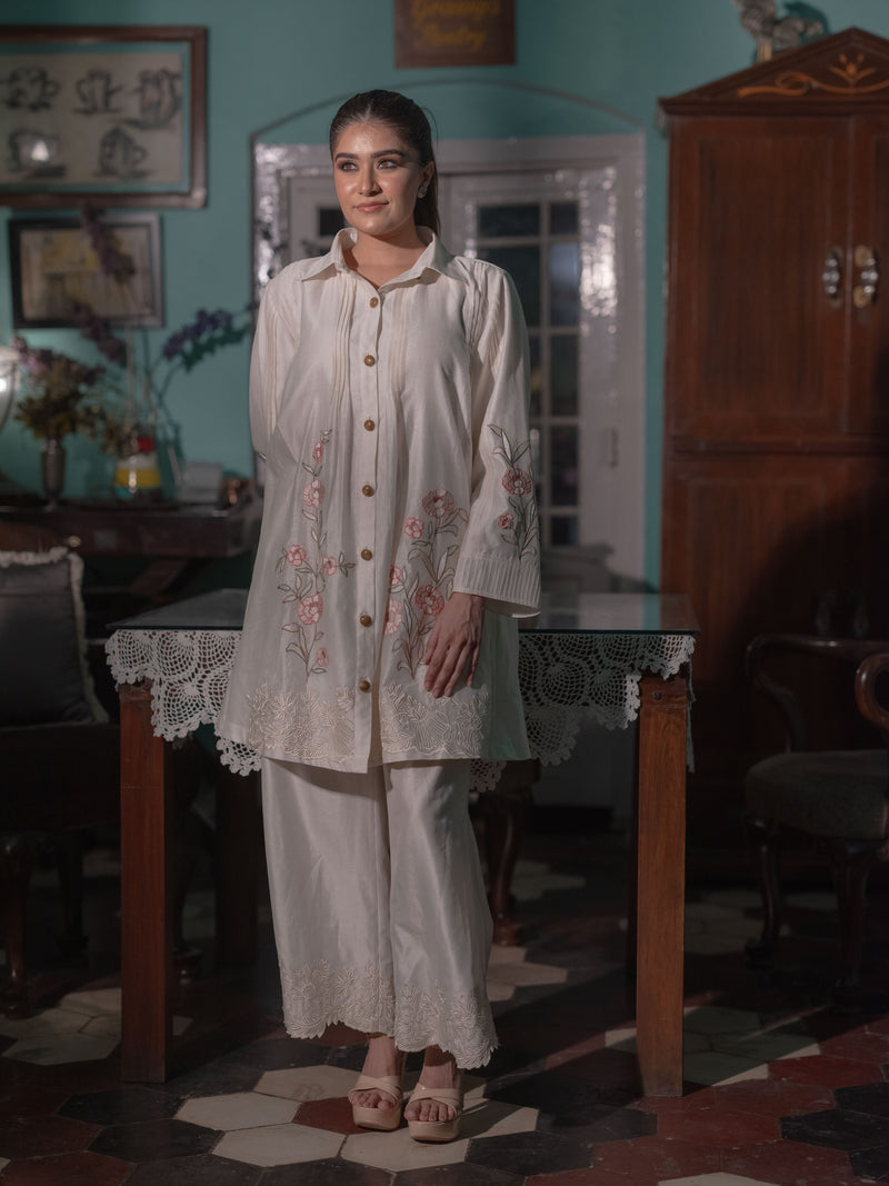 Chanderi Co-ord Set with Floral Embroidery