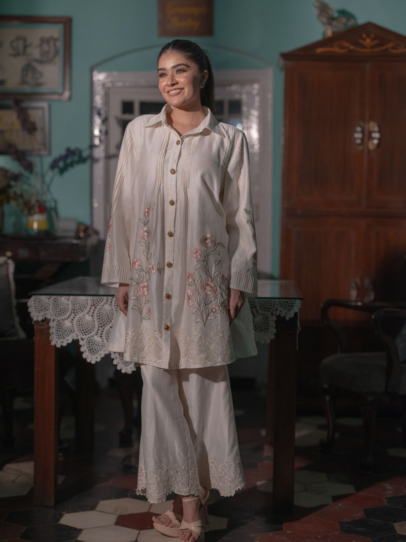Chanderi Co-ord Set with Floral Embroidery