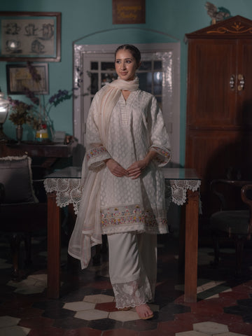 French knots Chanderi Suit set : White