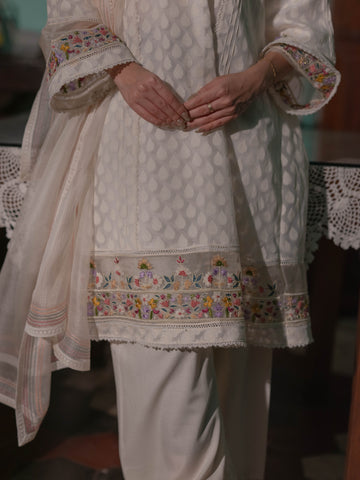 French knots Chanderi Suit set : White