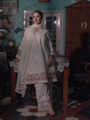 French knots Chanderi Suit set : White