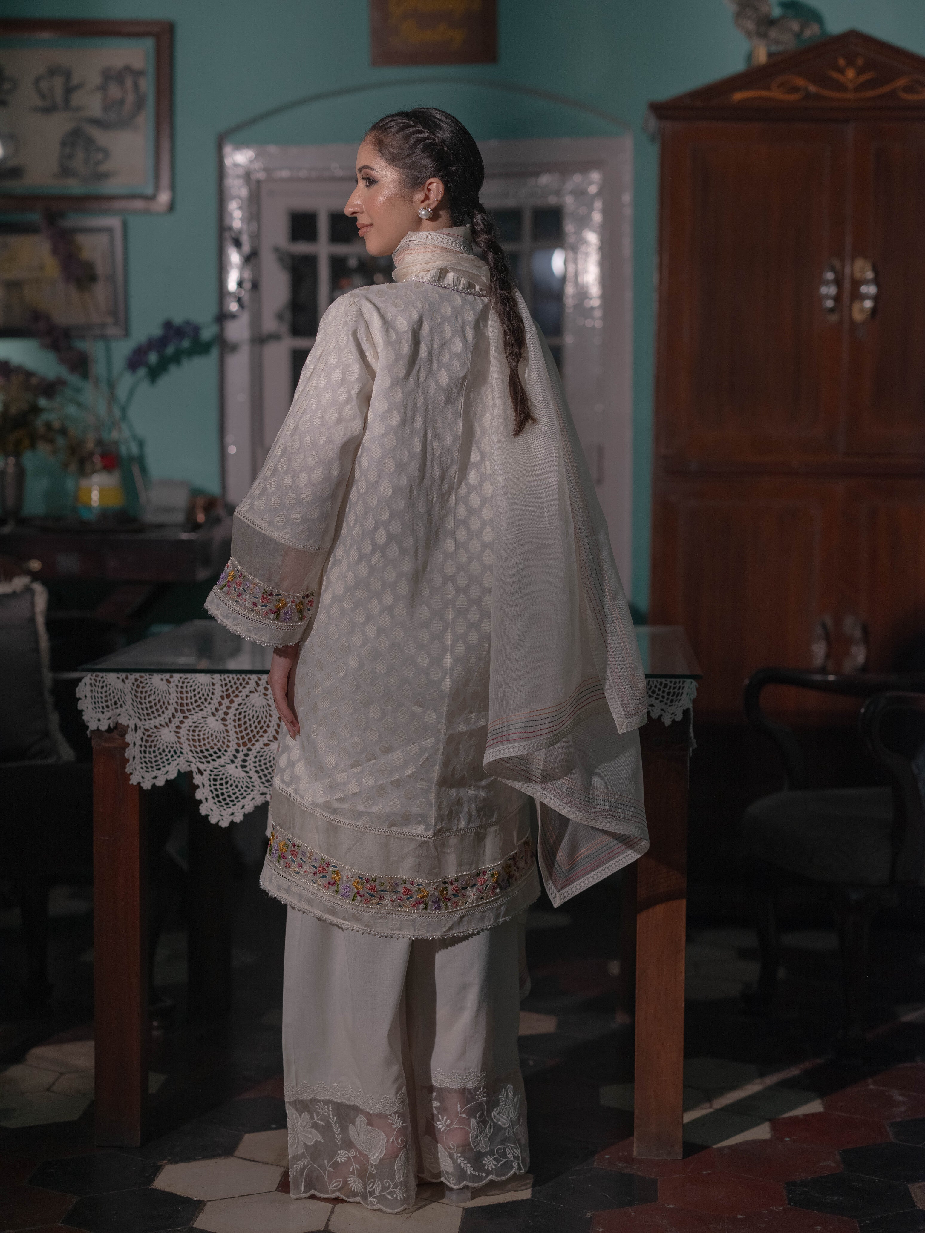 French knots Chanderi Suit set : White