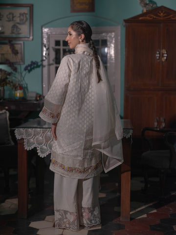 French knots Chanderi Suit set : White