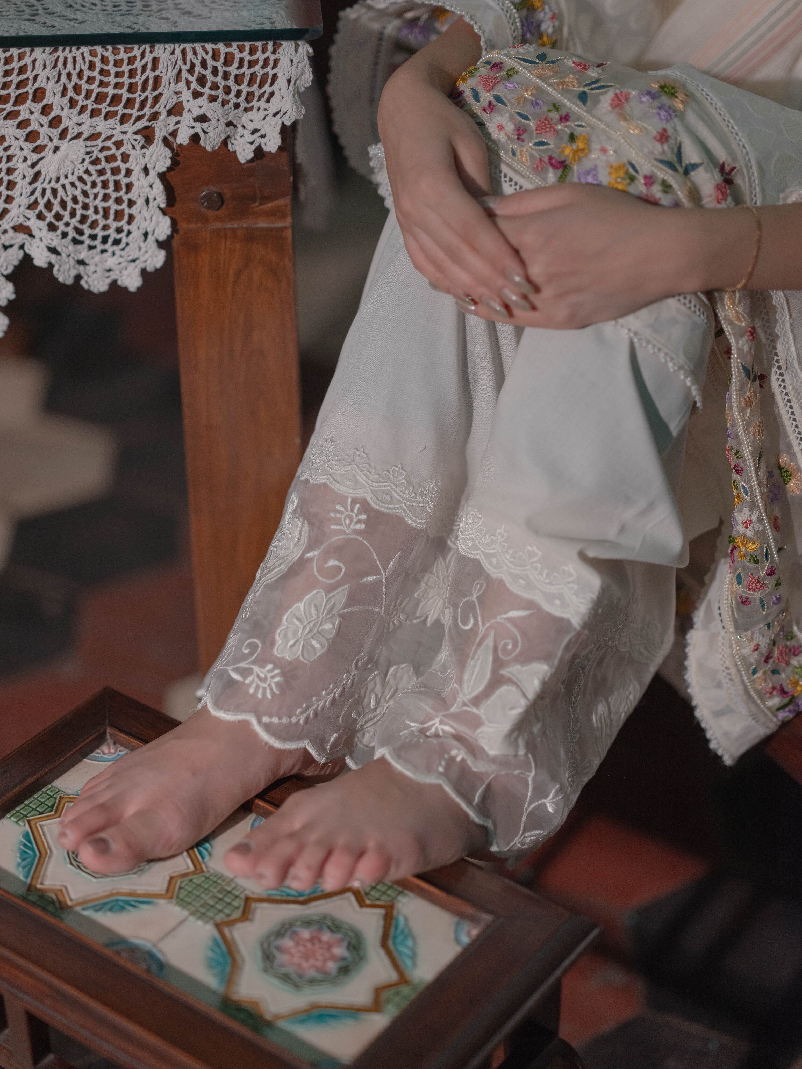 French knots Chanderi Suit set : White