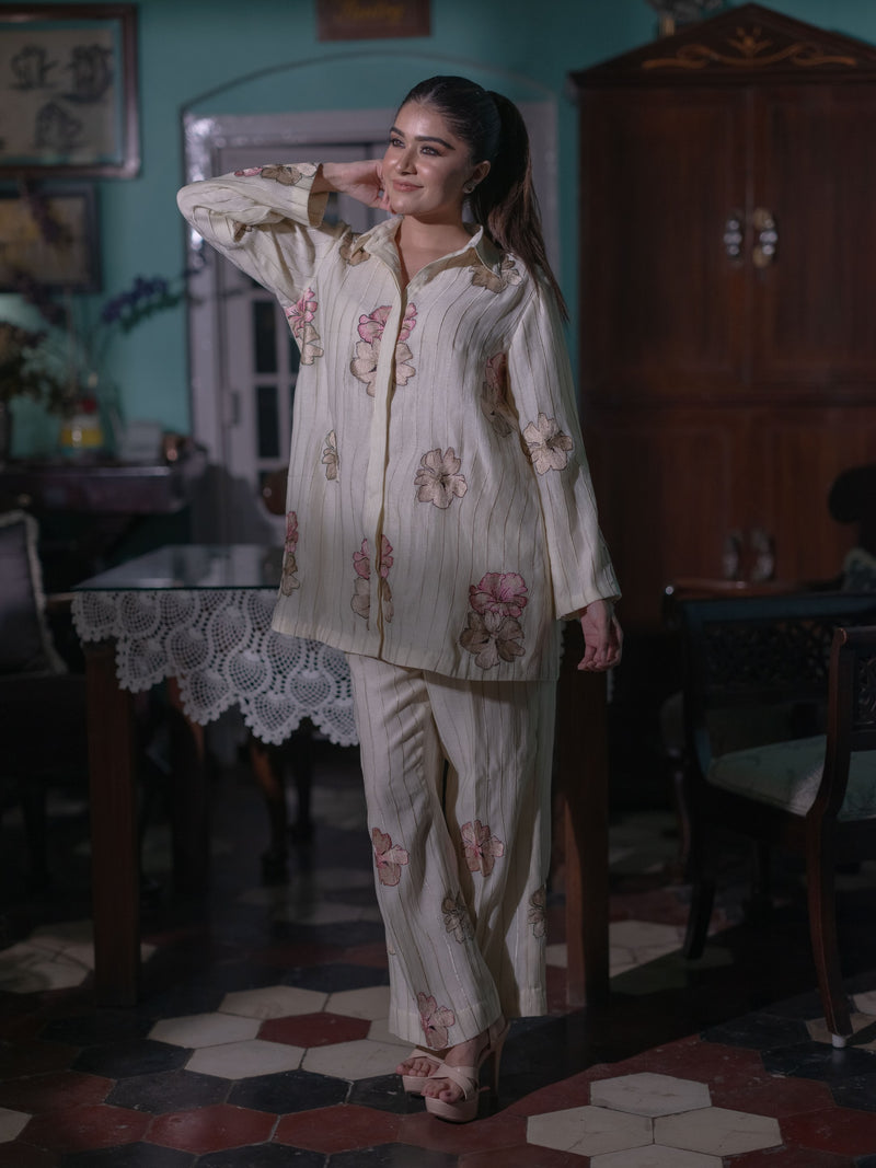 Bloom in Grace: Mal Chanderi Co-ord Set- Ivory/Cream