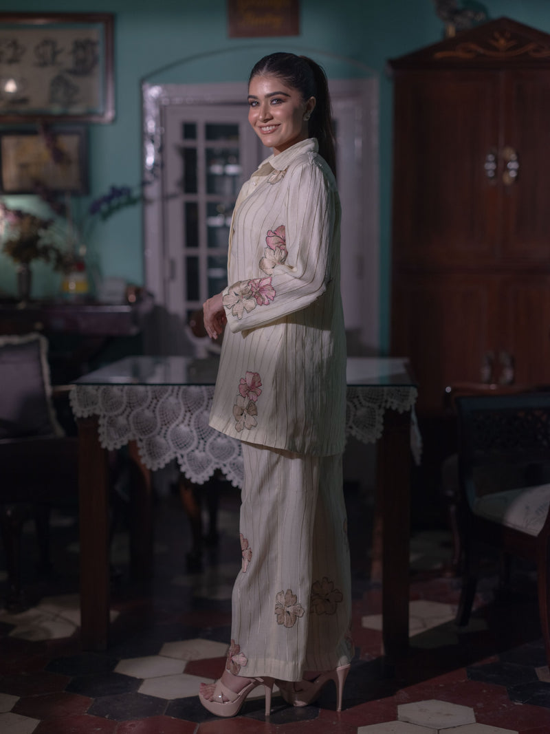 Bloom in Grace: Mal Chanderi Co-ord Set- Ivory/Cream