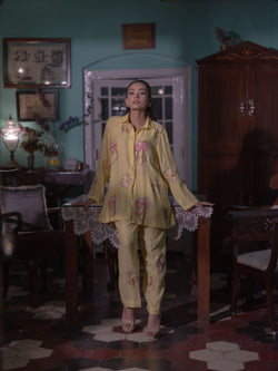 Bloom in Grace: Mal Chanderi Co-ord Set-Lime yellow