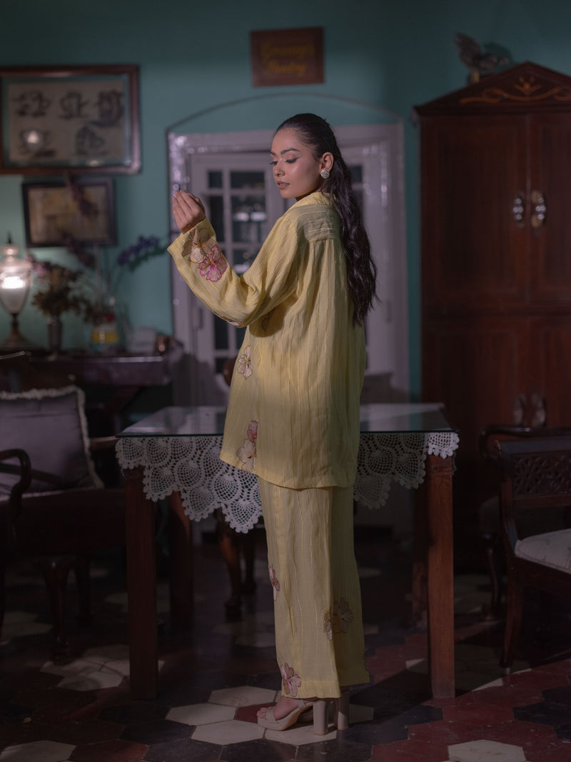Bloom in Grace: Mal Chanderi Co-ord Set-Lime yellow