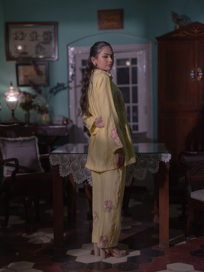 Bloom in Grace: Mal Chanderi Co-ord Set-Lime yellow