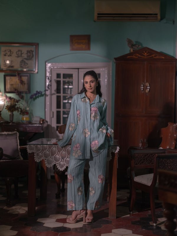 Bloom in Grace: Mal Chanderi Co-ord Set-Powder Blue