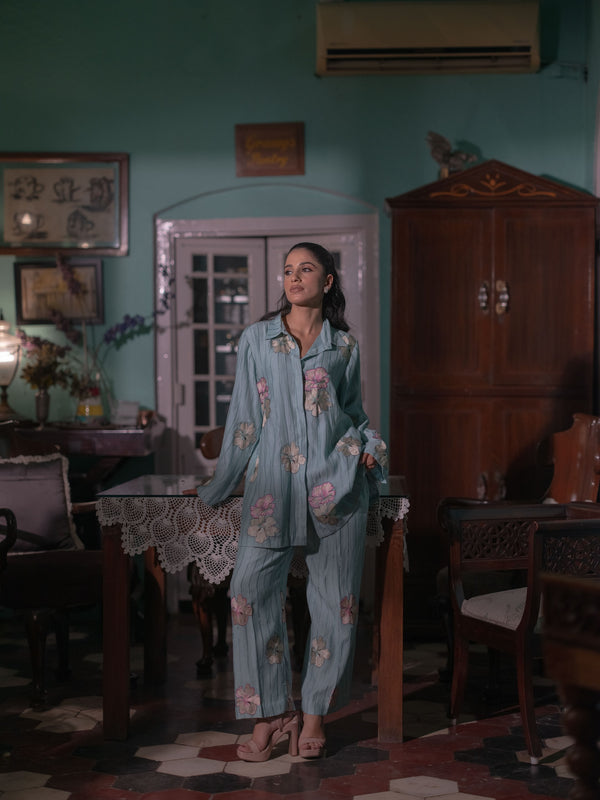 Bloom in Grace: Mal Chanderi Co-ord Set-Powder Blue
