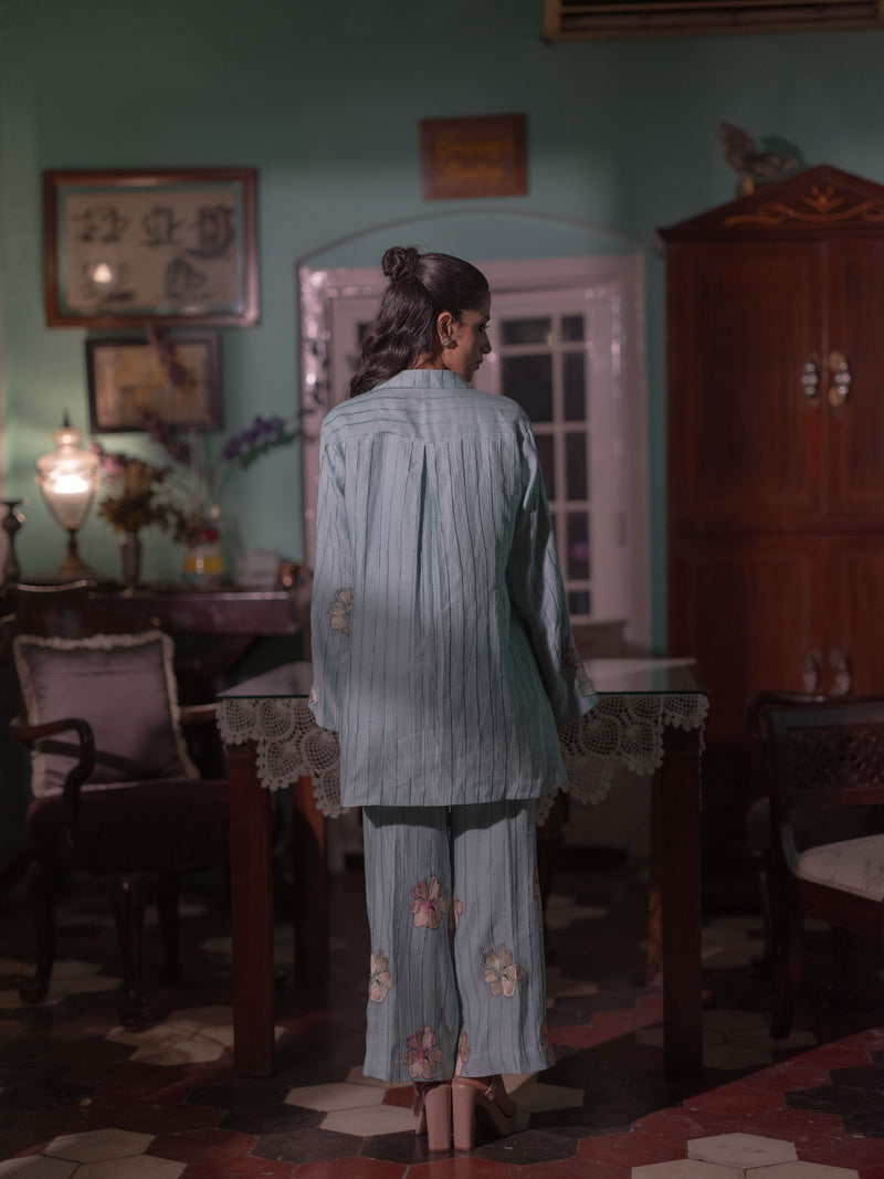 Bloom in Grace: Mal Chanderi Co-ord Set-Powder Blue