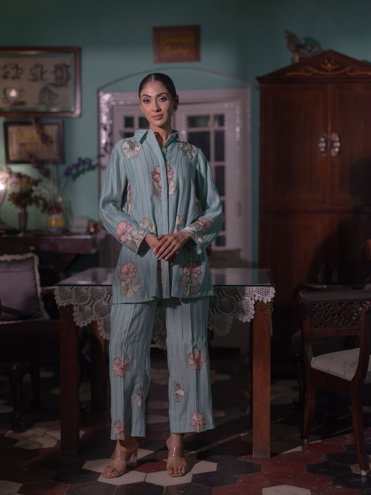 Bloom in Grace: Mal Chanderi Co-ord Set-Ice Blue