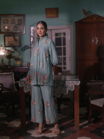 Bloom in Grace: Mal Chanderi Co-ord Set-Ice Blue