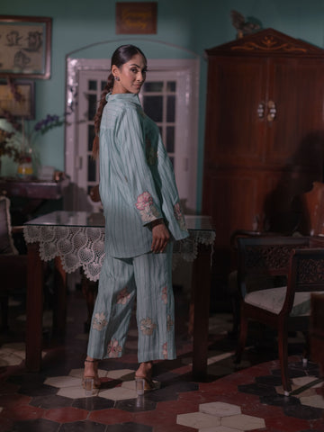 Bloom in Grace: Mal Chanderi Co-ord Set-Ice Blue