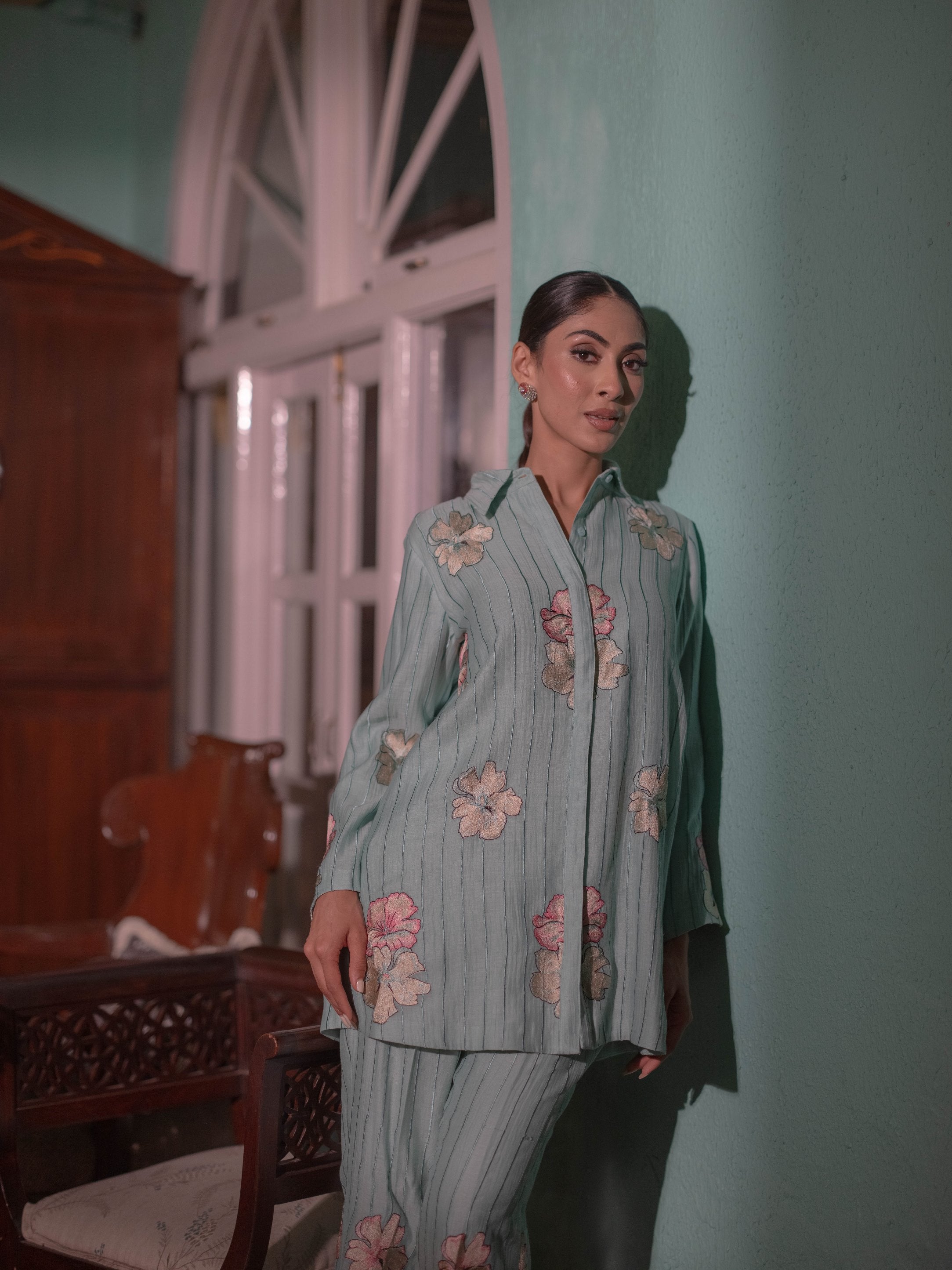 Bloom in Grace: Mal Chanderi Co-ord Set-Ice Blue