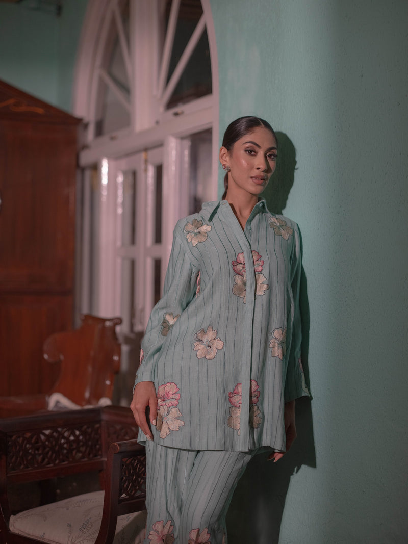 Bloom in Grace: Mal Chanderi Co-ord Set-Ice Blue