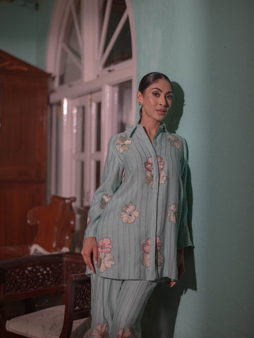 Bloom in Grace: Mal Chanderi Co-ord Set-Ice Blue
