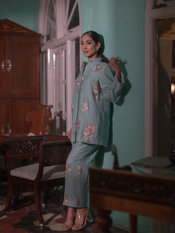 Bloom in Grace: Mal Chanderi Co-ord Set-Ice Blue