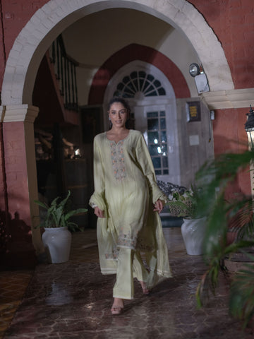 French knots Chanderi Suit set : Lime Green