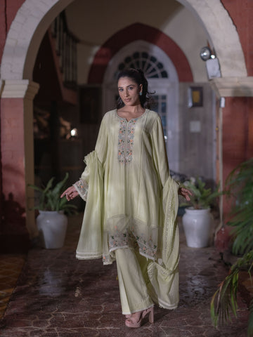 French knots Chanderi Suit set : Lime Green