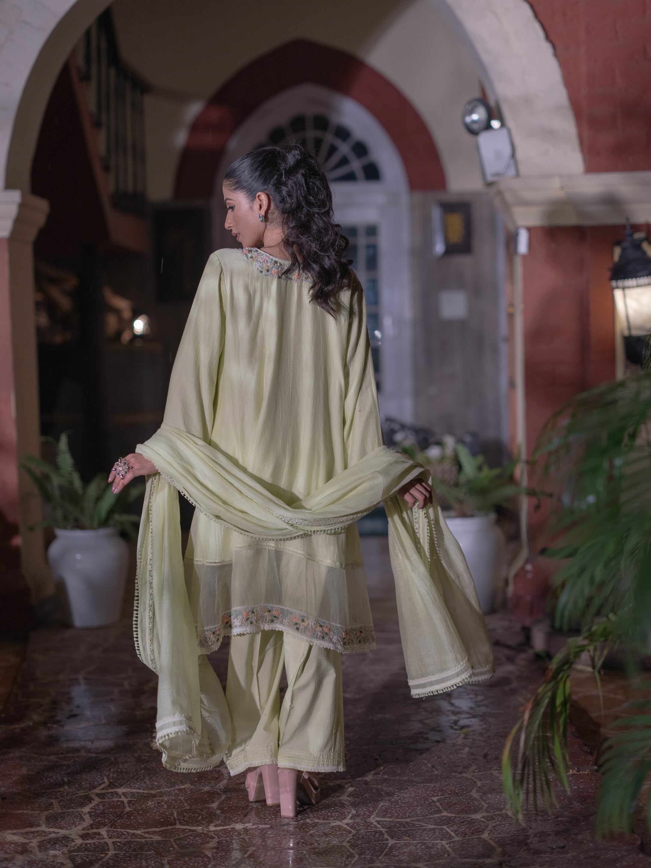 French knots Chanderi Suit set : Lime Green