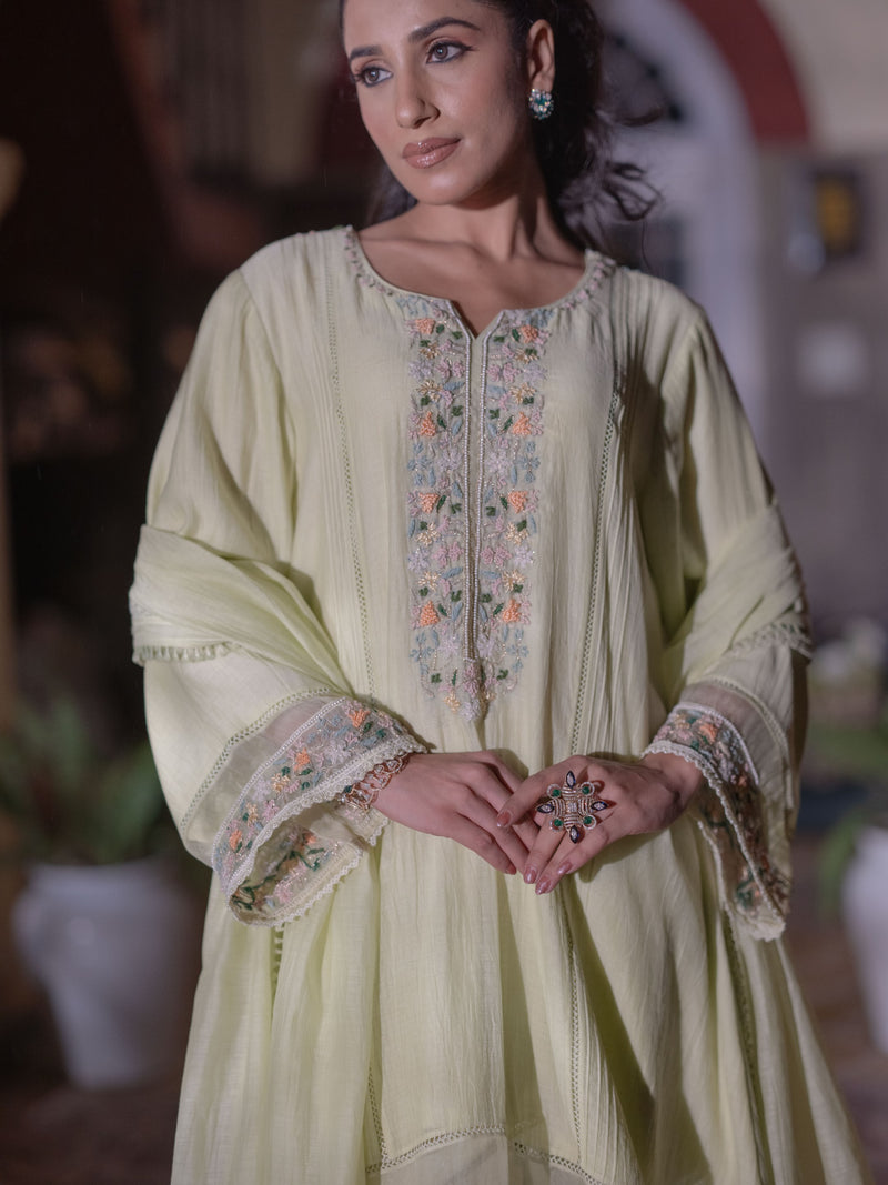 French knots Chanderi Suit set : Lime Green