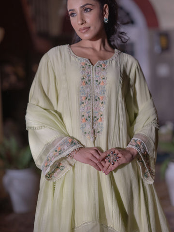 French knots Chanderi Suit set : Lime Green