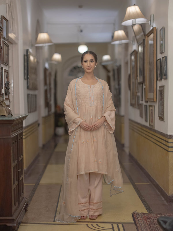 Smokey Dori work Chanderi Suit set : Light Peach