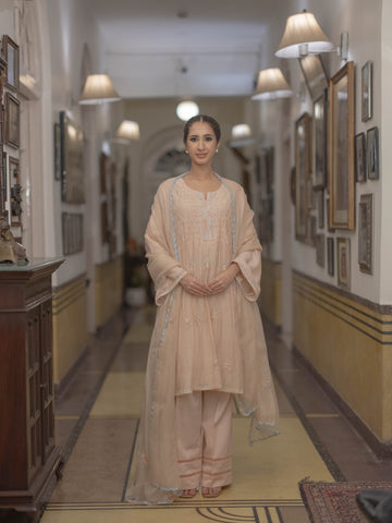 Smokey Dori work Chanderi Suit set : Light Peach