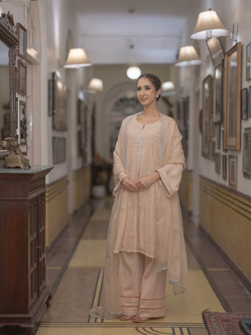 Smokey Dori work Chanderi Suit set : Light Peach