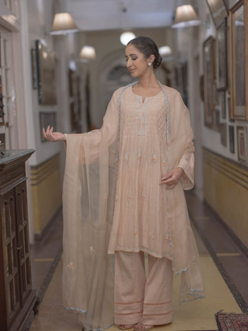 Smokey Dori work Chanderi Suit set : Light Peach