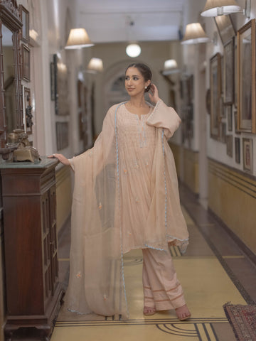 Smokey Dori work Chanderi Suit set : Light Peach
