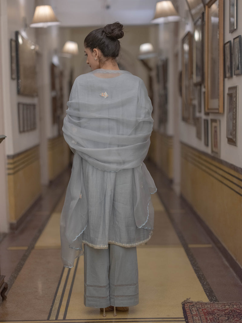 Smokey Dori work Chanderi Suit set : Light Grey