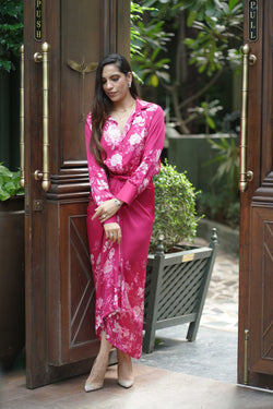 Silk Satin Wrap Around Skirt & Shirt-Hot Pink